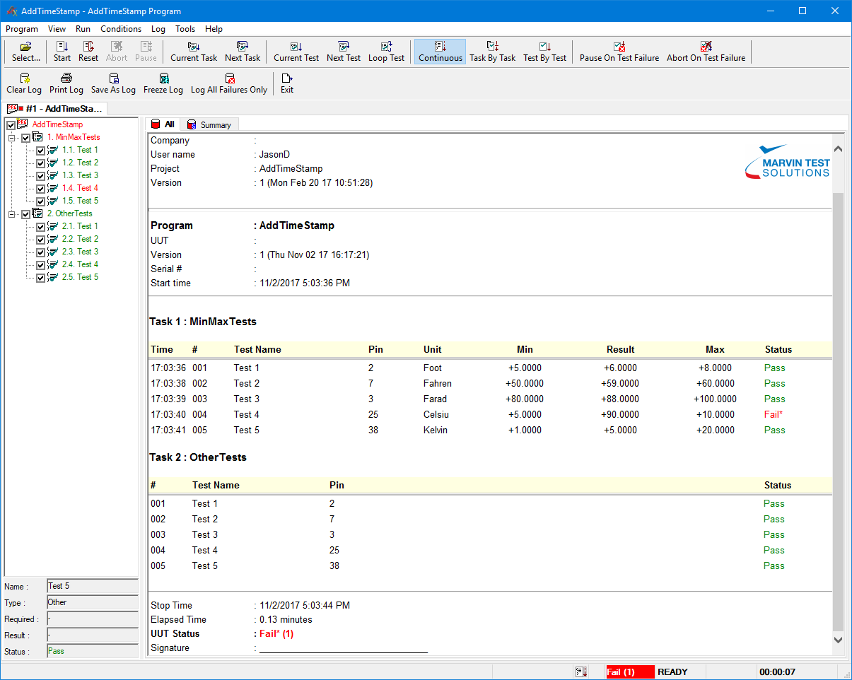 TestExec log with time-stamps for MinMax tests.